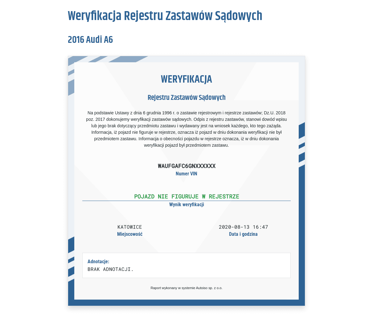Sekcja „Sprawdzenie zastawu sądowego” w Autobaza opisuje usługę weryfikacji pojazdu w Rejestrze Zastawów i prezentację wyniku po wykonaniu sprawdzenia.