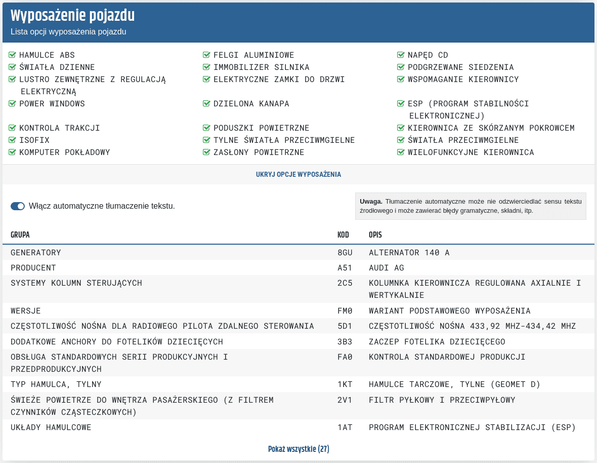 Sekcja „Opcje wyposażenia” w raporcie Autobaza pokazuje dostępne informacje o konfiguracji i wyposażeniu pojazdu.