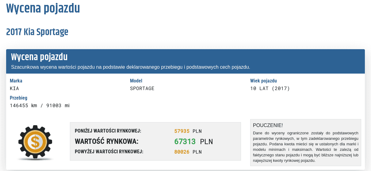 Sekcja „Wycena pojazdu” w raporcie Autobaza pokazuje szacunkową wartość rynkową pojazdu oraz zakres poniżej i powyżej tej wartości.