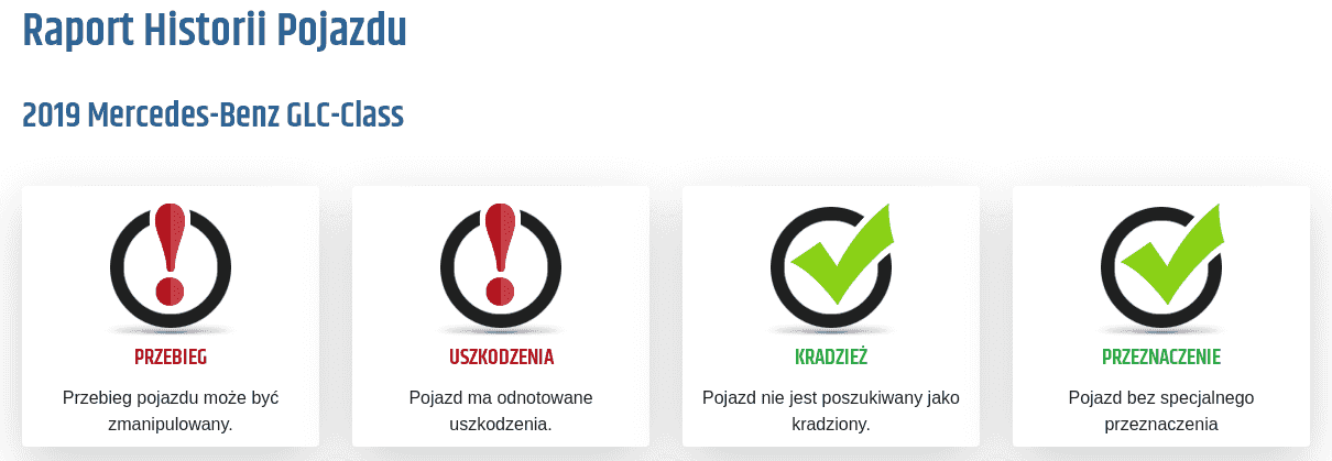 Sekcja „Raport Historii Pojazdu” w raporcie Autobaza pokazuje pierwsze sygnały dotyczące przebiegu, uszkodzeń, kradzieży i przeznaczenia pojazdu.